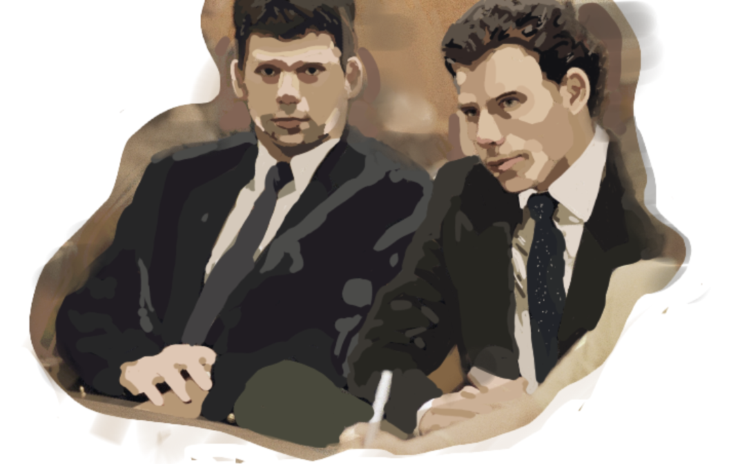 A depiction of Lyle Menendez (left) and Erik Menendez (right) in the Municipal Court of the Beverly Hills Judicial District of Los Angeles County.